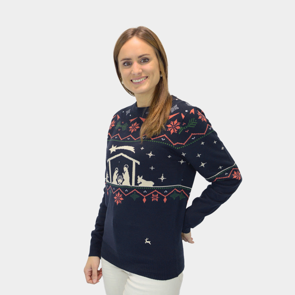 Weihnachtspullover Blau Weihnachtskrippe Damen 
