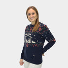 Weihnachtspullover Blau Weihnachtskrippe Damen 
