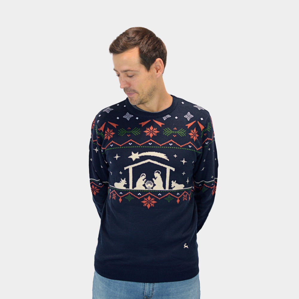 Weihnachtspullover Blau Weihnachtskrippe Herren 
